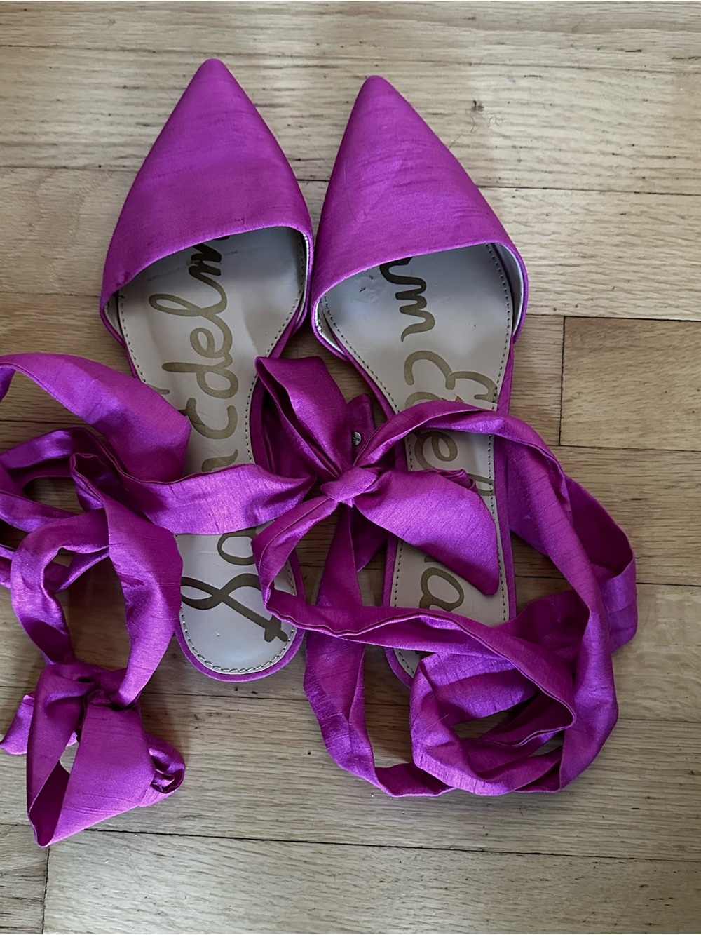 Sam Edelman Fuchsia Satin Pointed-Toe Lace-Up Flats